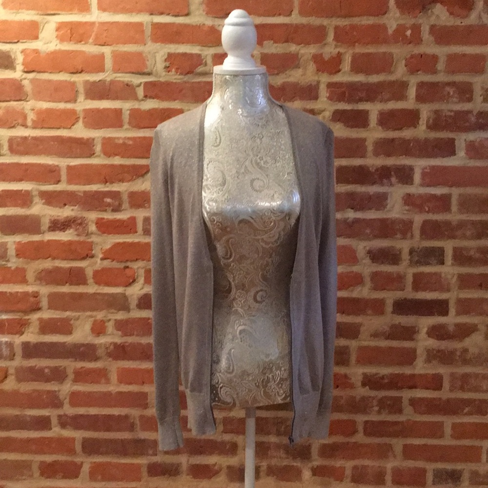 Loft metallic V-neck top with option to zip/unzip.